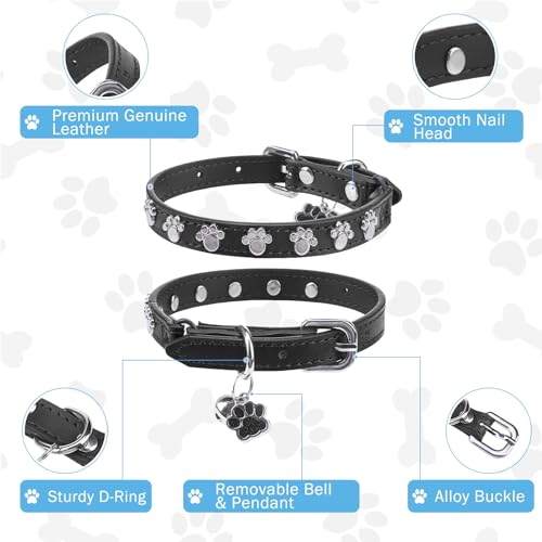 SCENEREAL Leather Cat Collar with Bell and Rivet, Personalized Stud Pet Collars with Safety Elastic Belt and Cute Paw Charm, Adjustable Soft Kitten Puppy Accessories for Boys Girls Cats, Black - color: Black