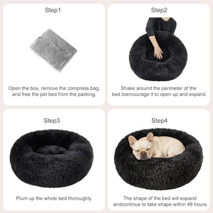 Dog Calming Beds for Small Medium Large Dogs - Round Donut Washable Puppy Dog Bed, Anti-Slip Faux Fur Fluffy Donut Cuddle Anxiety Cat Pet Bed(20" Black - color: Black, size: 20"L x 20"W x 8"Th