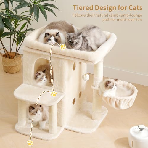 Heybly Cat Tree, 25.6-inch Cat Tower with Spacious Top Perch for Large Cats, Stair-Style Cat House Furniture with Dual-Layer Condos, Sisal Scratching Posts, Cozy Basket & Pompom, Beige HCT204SM - color: Beige, size: 25.6 inch