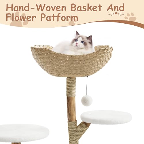 Modern Cat Tree, Solid Wood Cat Tree Tower with Hand-Woven Basket Cat Condo, Natural Jute Scratching Posts Modern Cat Tower with Plush Perches & Dangling Balls, Cat Trees for Kittens & Adult Cats - size: Two Branch