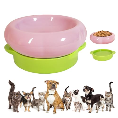 Ceramic Cat Food Bowl Set of 2,Flower Anti Whisker Fatigue Cat Bowls/Dishes,for Wet Dry Food and Water,Cute Kitten Feeding Shallow Bowls,for Indoor Outdoor, Dishwasher Safe, Non-Slip(Pink) - color: Pink
