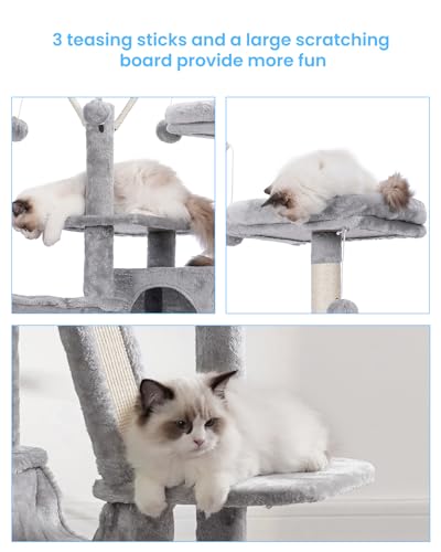 Hey-brother Cat Tree, 53 inch Cat Tower for Indoor Cats, Cat House with Padded Platform Bed, Toy Balls, Large Cozy Condo, Hammocks and Sisal Scratching Posts, Light Gray MPJ019-SW - color: Light Gray