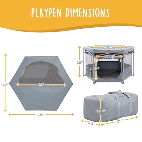 CANINE CANYON Zora Portable Pet Playpen, Foldable Dog Playpens for Indoor and Outdoor Exercise, Pop Up Pet Fence with Carrying Case for Dogs/Puppies, Dove Gray, 49" x 49" x 28"