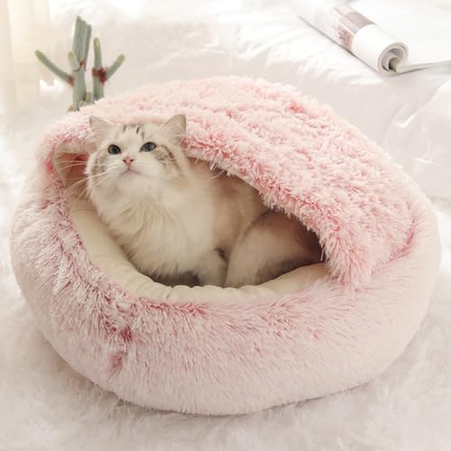 Calming Cat Cave Bed with Hooded Cover, Short-Haired Plush Washable Bed with Non-Slip Bottom, Comfortable and Cozy Round Bed for Small and Medium Cats, Anti-Anxiety Pet Bed(40cm/15.7inches, Gray)