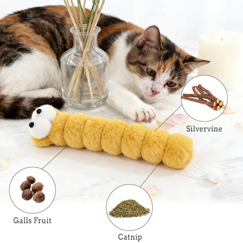 Andiker Catnip Toys for Cats, Cute Caterpillar Design Cat Pillar with Pompom Ball Cat Kicker Toy Containing Catnip Silvervine Galls Fruit Interactive Cat Toys for Indoor Cats (Yellow) - color: Yellow