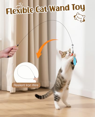 Pawaboo Feather Teaser Cat Toy, Interactive Feather Wand Cats Toy Flying Feathers Cat Catcher with Extra Long 34.5" Wand and Small Bell, Exerciser Playing Toys for Kitten or Cats, Blue + Red Brown - color: Blue + Red Brown