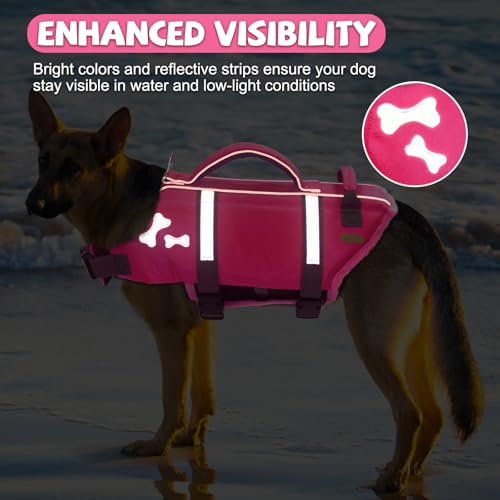 EMUST Dog Life Vests, Adjustable XS Dog Life Jacket with Rescue Handle, Puppy Flotation Vest for Small/Medium/Large Dogs, BrightPink, XS - color: Bright Pink, size: XS