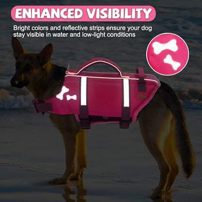 EMUST Dog Life Vests, Adjustable XS Dog Life Jacket with Rescue Handle, Puppy Flotation Vest for Small/Medium/Large Dogs, BrightPink, XS - color: Bright Pink, size: XS