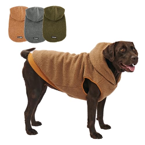 Tuff Pupper Fleece Dog Hoodie Sweater | Teddy Sherpa Outer & Soft Polar Fleece Lining | Adjustable Fit Winter Coat with Hood, Leash Hole, Ribbed Cuffs | for Small Medium Large XL XXL Dogs (Brown, XL) - color: Brown, size: 60-80 lbs (X-Large)