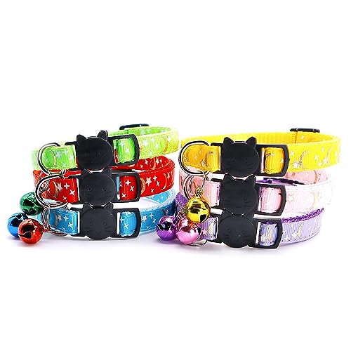 Reflective Cat Collars Breakaway with Bell 2-Pack Girl Boy Pet Kitten Collar with Star Moon Patetrn Adjustable 7.5-12.5 Inch (Yellow) - color: Yellow