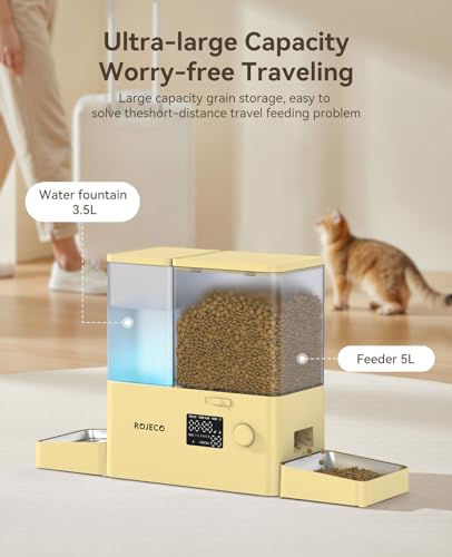Rojeco 36Cups/8.5L Pet Automatic Cat Feeder and Gravity Water Dispenser,Stainless Steel Bowls 2-in-1 Set Large Capacity 5L Food Feeder and 3.5L Water Fountain for Cats,Pets,Small Dogs,Yellow - color: Yellow, size: 8.5L-Standard