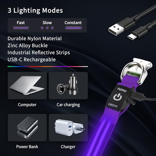 LED Dog Collar with Metal Buckle - USB Rechargeable Glow Collar for Dogs, Waterproof Light Up Dog Collar w/Reflective Strips - Adjustable Night Safety Collars by PetIsay(Purple,Medium) - color: Purple(Fiber optic version), size: Medium (14½ " - 19½ " )