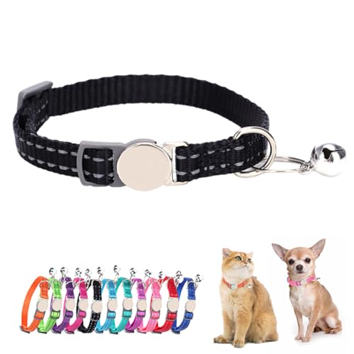 Black Breakaway Dog Collar with Bell, Reflective Puppy Collar Safety Soft Nylon Break Away Cat Collars Adjustable for Xs Small Tiny Pet Little Dogs Kitten, Neck 7-11 Inch - color: Black