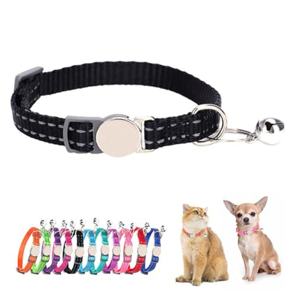 Black Breakaway Dog Collar with Bell, Reflective Puppy Collar Safety Soft Nylon Break Away Cat Collars Adjustable for Xs Small Tiny Pet Little Dogs Kitten, Neck 7-11 Inch - color: Black
