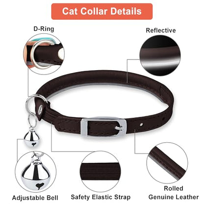 OOPSDOGGY Rolled Leather Cat Collar with Bell, Reflective Kitten Collars with Buckle Include Safety Elastic Strap - Adjustable Small Pet Collars for Boy Girl Cats (Dark Brown) - color: Dark Brown