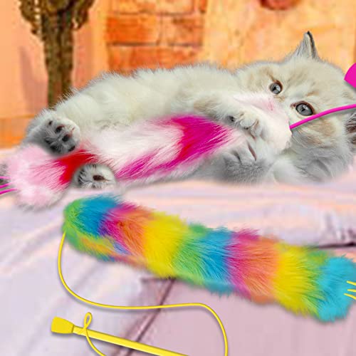 2 Pack Cat Wand Toy, Rainbow Cat Feather Toys with Bells, Teaser Wand with Soft Furry Tail, Interactive Toys for Indoor Cats & Kitten & Kitty - style: D-Yellow&Rose Red-2pcs