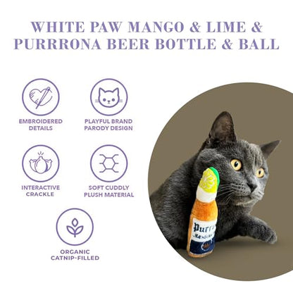 Haute Diggity Kitty White Paw Mango & Lime + Purrrona Beer Bottle & Ball Set, Plush Cat Toys Catnip Filled with Interactive Crackle Sound, Safe & Durable Toys for Cat & Kitten, 4 Pcs - style: Kitty WP Mango & Lime + Purrrona Beer Bottle & Ball