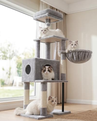 Heybly Cat Tree, 49.2 Inches Cat Tower for Indoor Cats, Spacious Cat House Condo with Hidden Space，Sturdy Steel Tube，Soft Plush Top Perch，Cozy Hammock and Sisal Scratching Posts, Light Gray HCT200SW - color: Gray, size: 49.2 inch