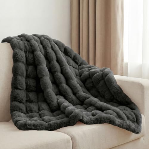 Leximan Cozy Faux Fur Throw Blanket for Couch, Reversible Plush Fluffy Decorative Bubble Throw for Sofa and Living Room, Soft Lap Blanket for Bed, Dog & Cat (Dark Grey, 40''x50'') - color: Dark Grey, size: 40''x50''