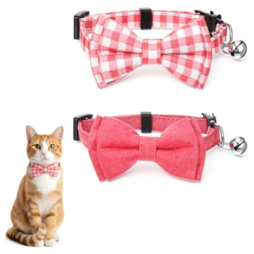 2 Pcs Pink Bow Tie Cat Collar with Bell Breakaway, Bowtie Plaid Cat Collar with Cats Buckle, Cute Kitten Bow Tie Collars, Soft Adjustable Cats Collars (Pink) - color: Pink