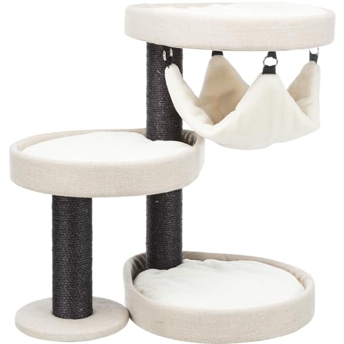 Trixie Vidor Cat Scratching Post 28.3 Inch - with Durable Sisal Rope (Gray) and Four Corner Hammock, Three Platforms with Raised Edges, Three Removable Cushions - in Cream/Gray - color: Vidor