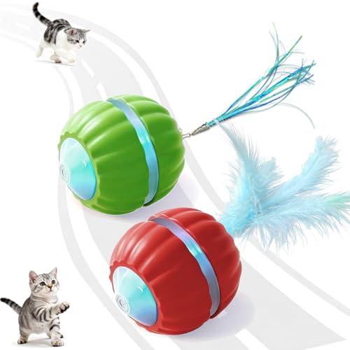 2 Packs Interactive Cat Toys for Indoor Cats,Automatic Moving Kitten Toys,Cat Toys for Bored Indoor Adult Cats,Smart Rechargeable Cat Enrichment Toys for Cats to Keep Them Busy, Cat Balls Pet Toys - color: Red + Green