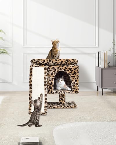 SYANDLVY Small Leopard Print Cat Tree with Perch for Indoor Cats, Cat Tower with Scratching Post, Modern Activity House for Large Cats, Condo with Board, Kittens Cave - color: Leopard Print