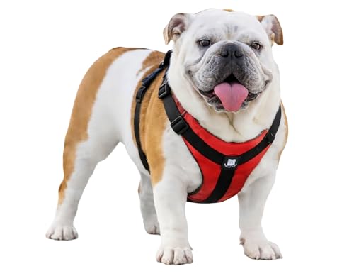 No-Pull Harness for English & French Bulldogs - Adjustable Wide-Chest Fit, Reflective Vest with Control Handle (Bulldog Red, Large) - color: Bulldog Red, size: Large