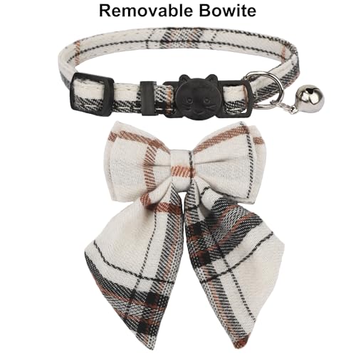 ADOGGYGO Plaid Cat Collars with Removable Bow Tie Bell, 2 Pack Beige Blue Plaid Kitten Bow Collar for Cats Kittens - color: Beige&Blue-2
