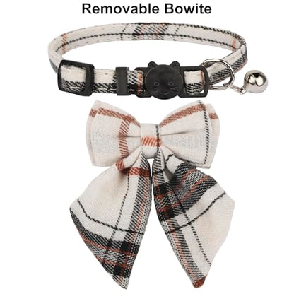 ADOGGYGO Plaid Cat Collars with Removable Bow Tie Bell, 2 Pack Beige Blue Plaid Kitten Bow Collar for Cats Kittens - color: Beige&Blue-2