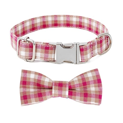 Plaid Dog Collar with Bowtie, Detachable and Adjustable Bow Tie Cat and Dog Collar with Metal Quick Release Buckle Pet Gift for Small Medium Large Dogs (Red, Small) - color: Red, size: Small
