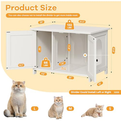 Shintenchi Cat Litter Box Enclosure, Litter Box Furniture Hidden with Removable Divider, Cat House with End Table, White, 31.5 inch - color: White