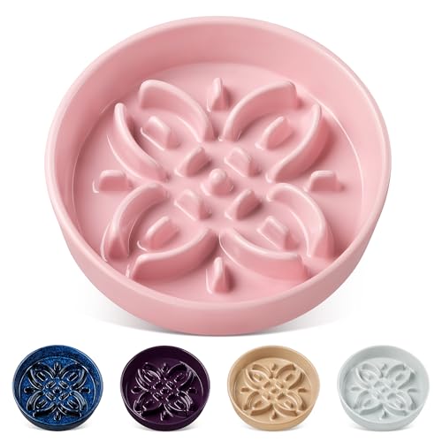 vancasso Ceramic Slow Feeder Dog Bowls, Puzzle Dog Food Bowls with Floral Maze, Anti -Slip Pet Food Dish for Medium Breed, 1.5 Cups, Pink - color: Pink, size: M-1.5 Cups