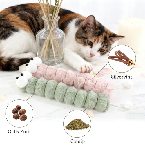 Andiker Catnip Toys for Cats, Cute Caterpillar Design Cat Pillar with Pompom Ball Cat Kicker Toy Containing Catnip Silvervine Galls Fruit Interactive Cat Toys for Indoor Cats (Pink) - color: Pink