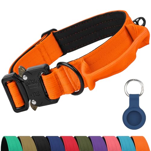 Joytale Tactical Dog Collar for Medium Dogs with Control Handle, Heavy Duty Military Training Collar for Power Breeds, AirTag Holder Case, Quick Release Metal Buckle, Soft Padded, M, Orange - color: Orange, size: M-1.0"×14-18"