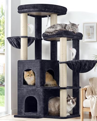 Globlazer Cat Tree Tower for Indoor Cats, Sturdy Adult Cat Tree House for Large Adult Cats with 2 Platform, 6 Cat Scratching Post, 2 Cat Caves, Dangling Toys, S63, 63 inch, Dark Grey - color: Dark Grey, size: XXL