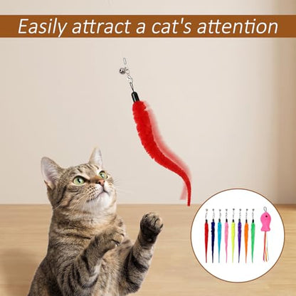 10 PCS Cat Worm Toy Including Worm & Little Fish, Interactive Cat Wand Toy Retractable Cats Wand Attachment Fuzzy Worms Toys Cats Fishing Pole Toys with Wands Replacement Rope for Play Exercise