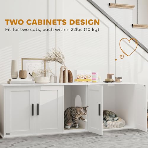 PawHut Cat Litter Box Enclosure for 2 Cats, Hidden Litter Box Furniture with Double Room, Scratching Mat, Kitty Washroom Furniture, 57" x 19" x 20", White