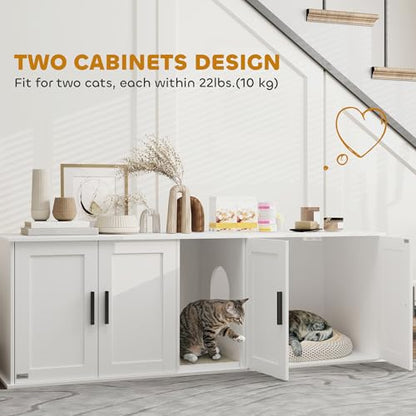 PawHut Cat Litter Box Enclosure for 2 Cats, Hidden Litter Box Furniture with Double Room, Scratching Mat, Kitty Washroom Furniture, 57" x 19" x 20", White