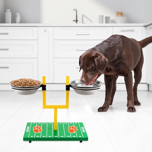 NCAA Clemson Tigers Goalpost Football Field Dog Feeder – Adjustable Elevated Dog Bowls with Stand, 2 Stainless Steel Bowls, Non-Slip Rubber Feet, Raised Pet Feeder for Large & Small Dogs - color: Clemson Tigers