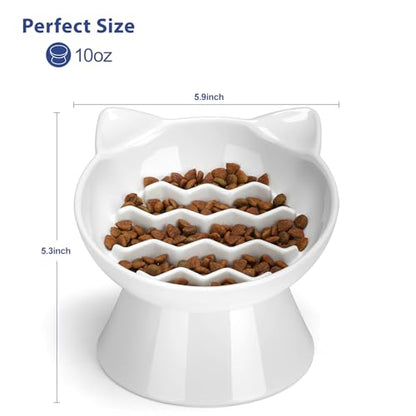 Ceramic Slow Feeder Cat Bowl, 2 Cups Tilted Elevated Cat Slow Feeder Bowl for Dry and Wet Food, Honeycomb Design for Preventing Vomiting & Bloating (White-Cute Kitten) - color: White-Cute kitten