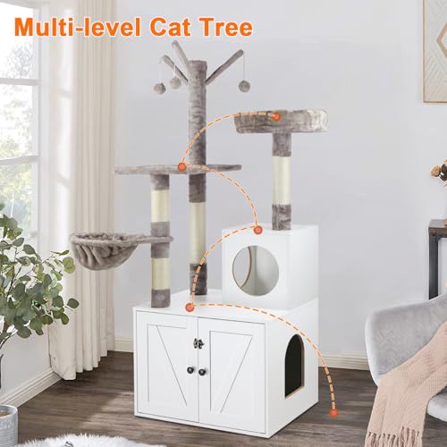 Timberer Litter Box Enclosure with Cat Tree, 2-in-1 Hidden Litter Box Furniture with Scratching Post, Modern Cat Condo, White - color: White