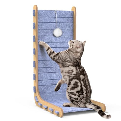 Felt Cat Scratcher for Indoor Cats, 26.8 Inches L Shape Scratching Board Vertical Cat Scratch Post with Fluffy Ball Hanging, Scratch Resistant Felt Cat Scratching Pad, Blue