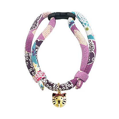 Cat Collar with Kitty Face Bell. Cute Japan Chirimen Kitten Collar. Soft & Lightweight. - color: Purple