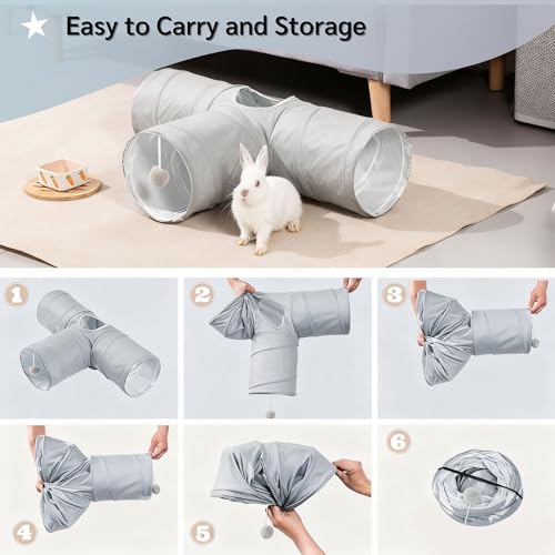Guinea Pig Tunnel 3 Way Guinea Pigs Hideout Foldable Small Animal Hideaway Play Tube Toys for Bunny Rabbit Hedgehogs Hamster Chinchilla Ferret Accessories(Solid Grey)