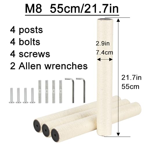 4 Pcs 2.9in 7.4cm Diameter Cat Tree Scratching Post Replacement Parts Sisal Pole (M8, 21.7in/55cm) - color: 21.7in/55cm, size: M8*4posts