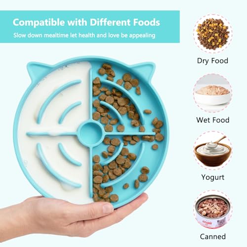 YINEYA 2 Pcs Silicone Slow Feeder Cat Bowl, Cat Slow Feeder for Food Training, Interactive Puzzle Bowls for Puppy, Kitten Dishes to Prevent Overeating, Treat Toys Suitable for Dry and Wet Food - color: Blue & Green