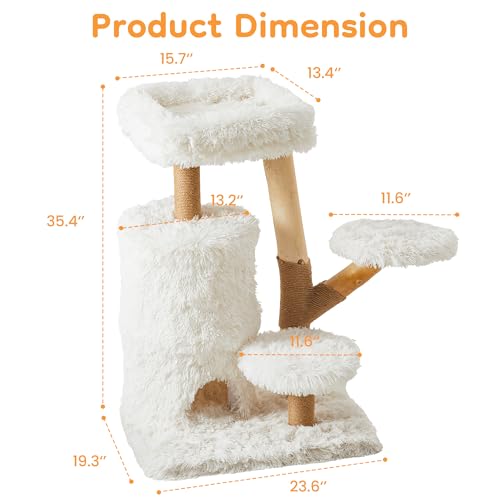 35-Inch Cat Tree for Indoor Cats, Multi-Level Tower with Sisal Posts, Dual Condos, Cushioned Perches & Removable Soft Cover, Natural Wood, Modern Cat Furniture for Large Cats, White - color: White Grey