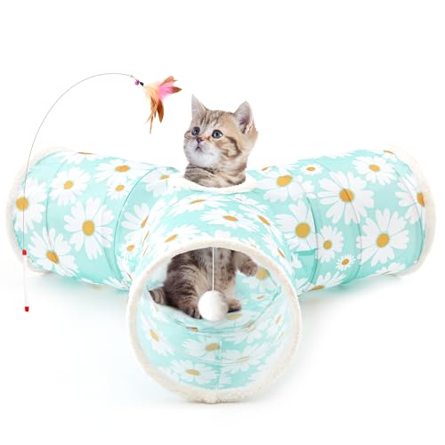 Tempcore Pet Cat Tunnel Tube Cat Toys 3 Way Collapsible, Cat Tunnels for Indoor Cats，Kitty Tunnel Bored Pet Toys Peek Hole Toy Ball, Puppy, Kitty, Kitten, Rabbit Daisy Blue Printed - color: 3-Way Daisy Blue Printed, size: 3-way