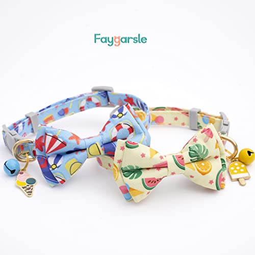 Faygarsle 2 Pack Cute Cat Collar with Bell Breakaway Bowtie for Male Female Cats Soft Fancy Blue Yellow with Ice Cream Sea Pattern Summer Cat Collar for Boy Girl Cats - color: Beach&Sea